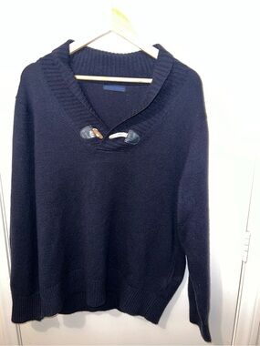 Men's Navy Cashmere Shawl V-Neck Sweater with Toggle